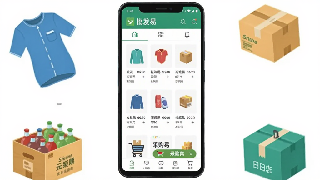 主体为一部竖屏安卓手机,屏幕中显示批发易App的商品列表与采购车界面,手机周围环绕悬浮的服装、饮料箱、日用品包装盒等批发商品元素,布局采用居中构图手机为主体、商品环绕四周,排版清爽留白充足,风格为现代扁平化商业插画,细节包括手机界面上的