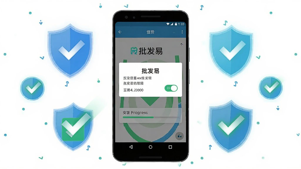 主体为一部安卓手机屏幕显示批发易App的权限设置弹窗与安装进度条,布局为手机居中、周围有盾牌图标与勾选标记环绕,排版突出安全提示主题,风格为简洁科技感插画,细节包括