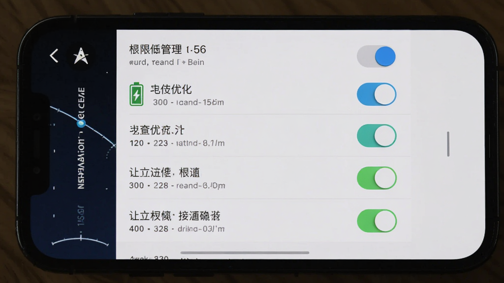 飞行导航仪手机端设置界面截图风格展示,主体为手机屏幕显示权限管理与存储选项列表,布局为屏幕居中,排版中设置项逐行排列带开关按钮,风格为简洁系统设置界面,细节包含电池优化与定位权限开关,画质清晰,干净无多余元素