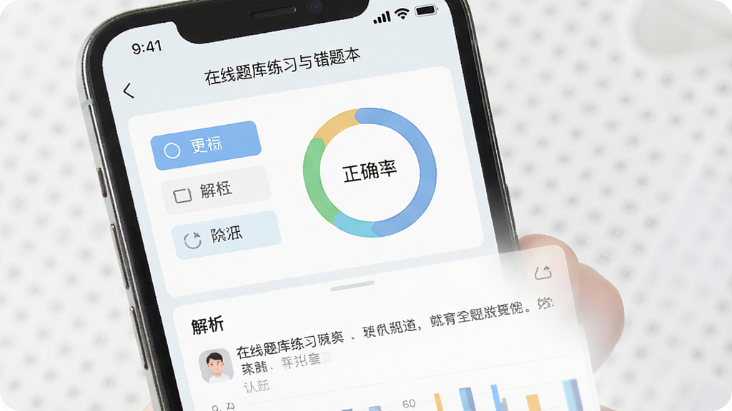 一张手机界面展示在线题库练习与错题本功能的画面,画面中央为答题卡与正确率环形图,布局上下分区,风格为浅色系教育类APP设计,细节包含选项按钮、解析文本与统计图表,画质清晰干净,无多余元素