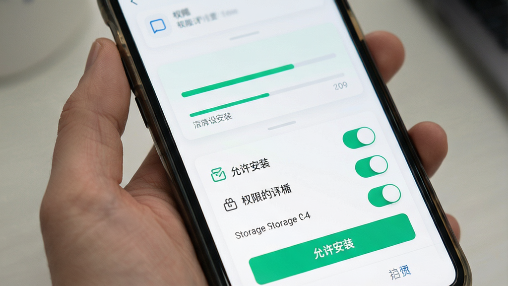 一张展示手机应用安装与权限设置引导界面的画面,画面中央为安装进度条与权限开关列表,布局为纵向卡片式,风格为简洁科技感UI,细节包含