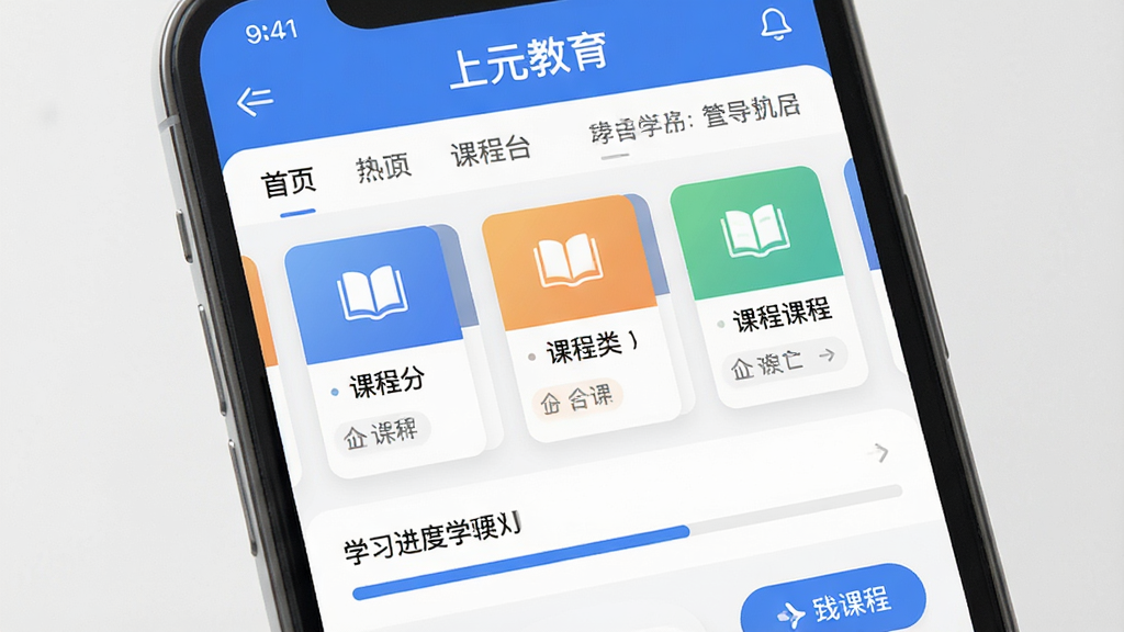 一张手机屏幕展示在线教育学习平台首页的画面,画面中央是课程分类卡片与学习进度条,整体布局简洁明快,上方有
