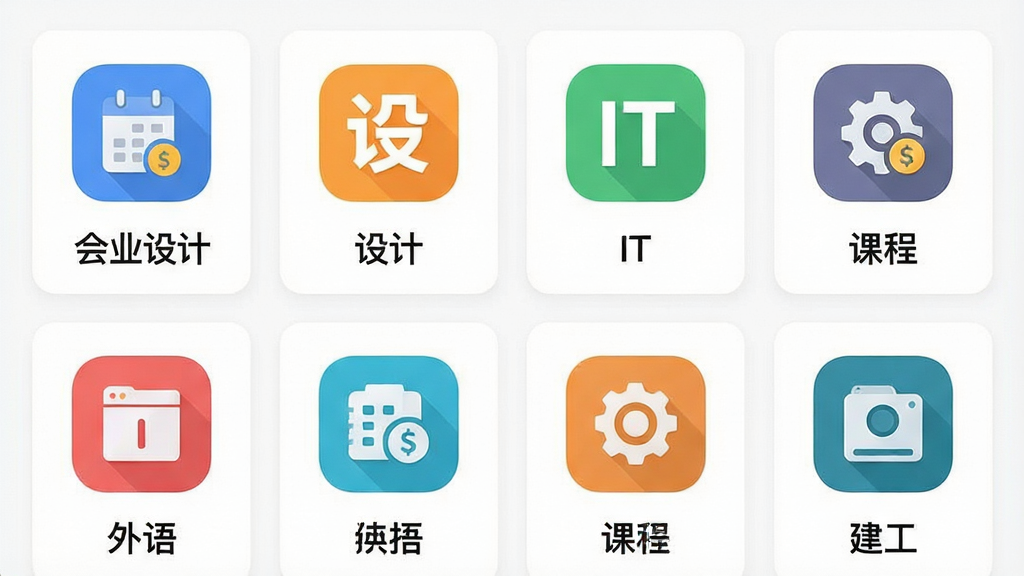 一张展示多品类课程分类界面的手机截图风格画面,画面中整齐排列会计、设计、IT、外语、建工等课程图标,布局为网格状卡片,风格清新简约,细节包含彩色图标与分类标签,画质清晰干净,无多余元素