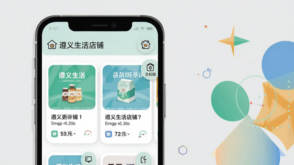 一部手机屏幕上显示“遵义生活店铺”多店铺切换界面,两个店铺卡片并排展示,旁边有店员权限设置图标;手机放在浅灰色背景前,画面右侧搭配简约几何图形装饰;风格为扁平化商务插画风,配色清爽;细节上卡片圆角统一、图标简洁、文字清晰;画质高清,构图干净,无多余元素