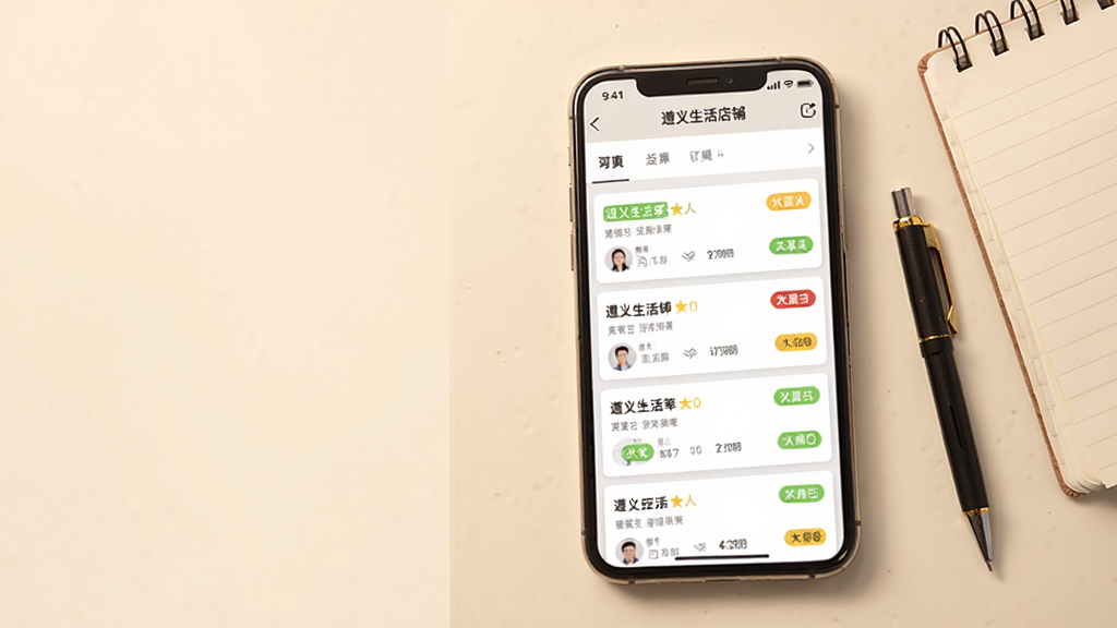 手机屏幕显示“遵义生活店铺”订单管理页面,列表中有多条订单记录,带有状态标签,手机旁放着一支笔和一个小记事本;构图采用平视角度,手机位于画面中央偏右,左侧留出浅色背景;风格为生活化商务风,色调温暖柔和;细节上订单卡片层次分明、状态颜色区分明显;画质清晰,画面整洁,无多余元素