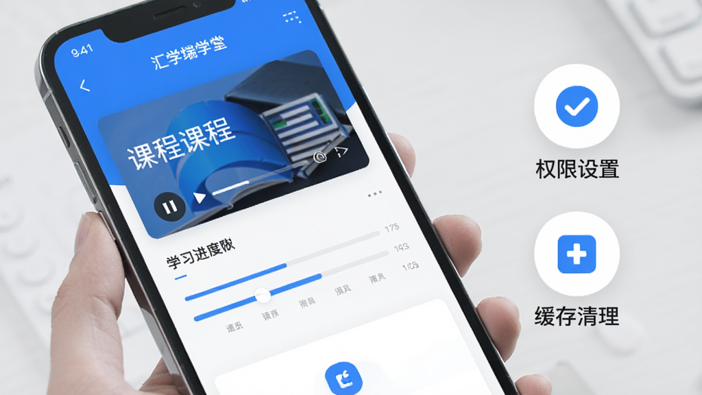 汇学堂SaaS移动端学习界面展示,画面为手机屏幕特写,显示课程播放页与学习进度条,旁边配有权限设置与缓存清理的示意图标,风格简洁实用,配色以蓝白为主,画质清晰干净