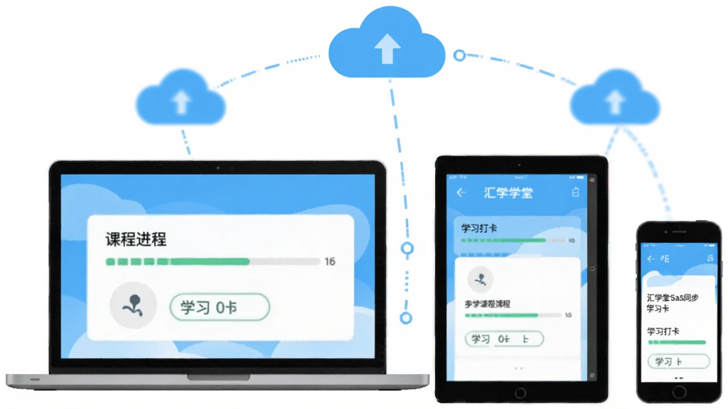 汇学堂SaaS多端同步示意图,画面中笔记本电脑、平板与手机三台设备并排摆放,屏幕显示相同的课程进度条与学习打卡界面,设备之间有云朵图标连接,风格扁平化插画,配色清新,画质干净无杂乱元素