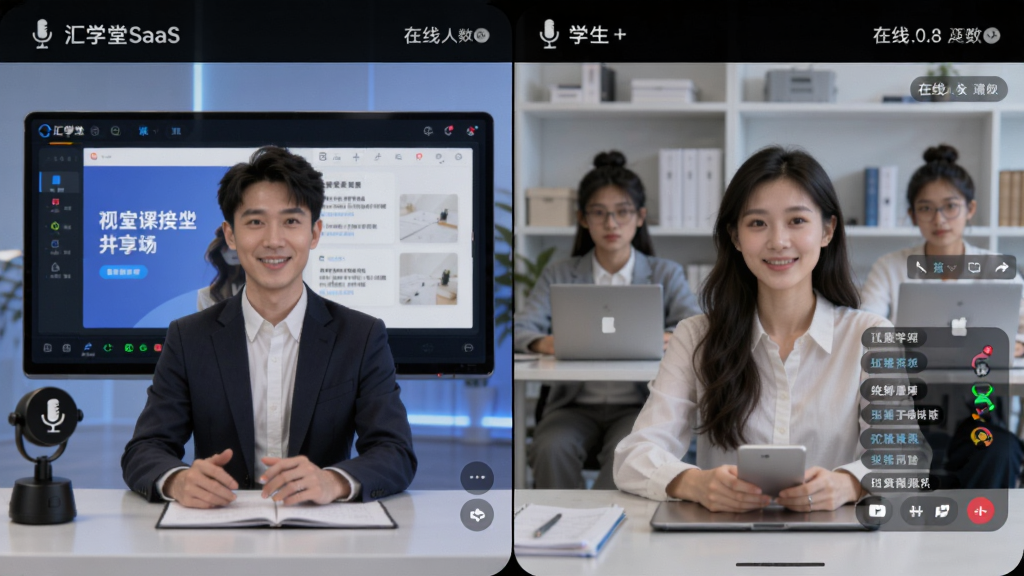 汇学堂SaaS直播课堂场景,画面中讲师端与学生端分屏展示,屏幕上有课件共享区域与互动聊天窗口,风格现代科技感,细节包含麦克风图标与在线人数标识,画质高清干净