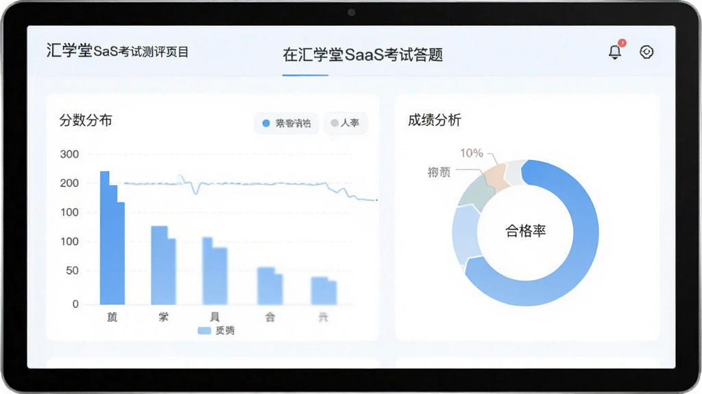 汇学堂SaaS考试测评页面,画面展示在线试卷答题界面与成绩分析图表,包含分数分布柱状图与合格率环形图,风格清爽素雅,配色以浅蓝与白色为主,布局对称,画质干净清晰