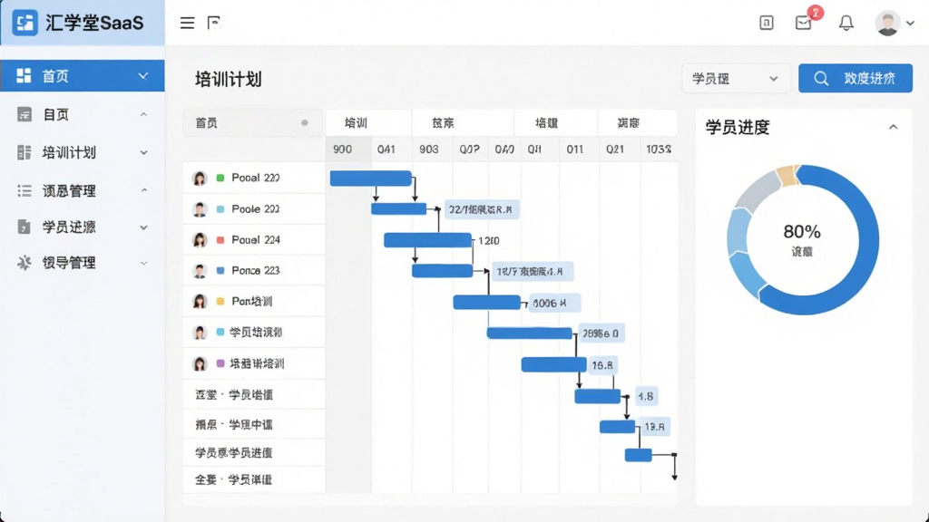 汇学堂SaaS后台管理界面,左侧为功能导航栏,右侧主区域展示培训计划甘特图与学员进度环形图,界面风格简洁商务,蓝色与白色为主色调,布局规整,画质清晰干净