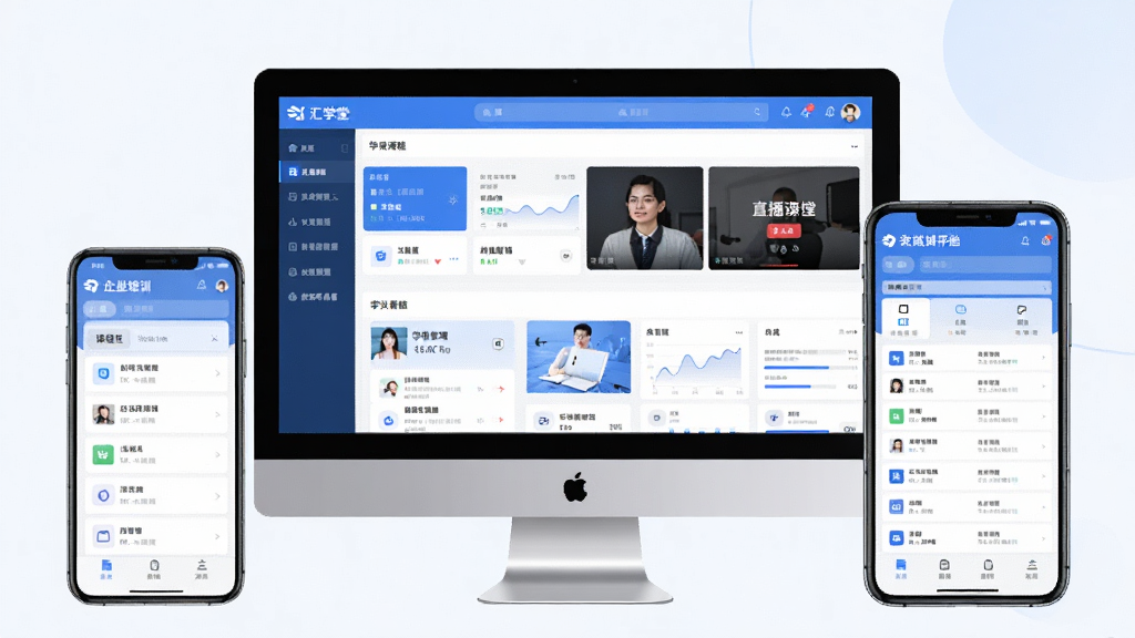 一张展示汇学堂SaaS企业培训平台全貌的界面截图,画面中央是电脑与手机双端并排展示,屏幕中呈现课程列表、直播课堂、学员管理、数据看板等模块,布局清晰有序,风格为现代简约商务风,细节包含蓝色主色调、卡片式排版、图标精致,画质高清干净无多余元素