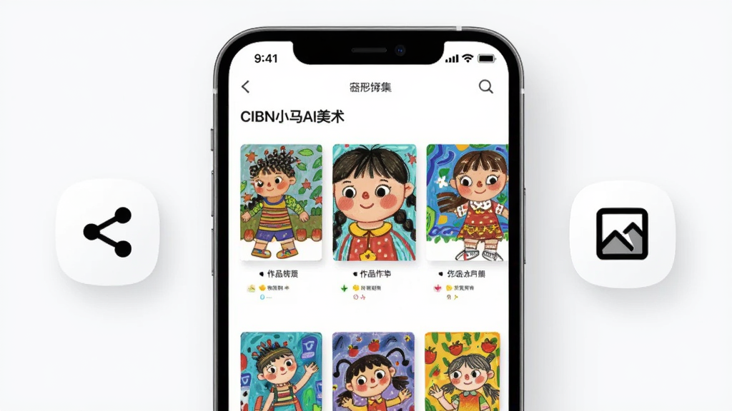 画面中央为一部手机展示“CIBN小马AI美术”作品集页面,页面中排列多幅儿童风格画作缩略图,手机旁有分享箭头图标与相册图标,布局为居中对称构图,风格为简约现代的APP展示图,细节包括画作色彩丰富与界面阴影层次,画质高清,干净,无多余元素