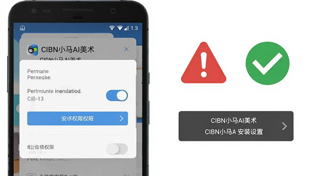 画面展示一部安卓手机屏幕弹出“CIBN小马AI美术”安装权限设置界面,旁边有红色警示图标与绿色对勾图标对比,布局为左右分栏对比式信息图,风格为简洁扁平化说明插画,细节包括权限开关按钮与文字标注框,画质高清,干净,无多余元素