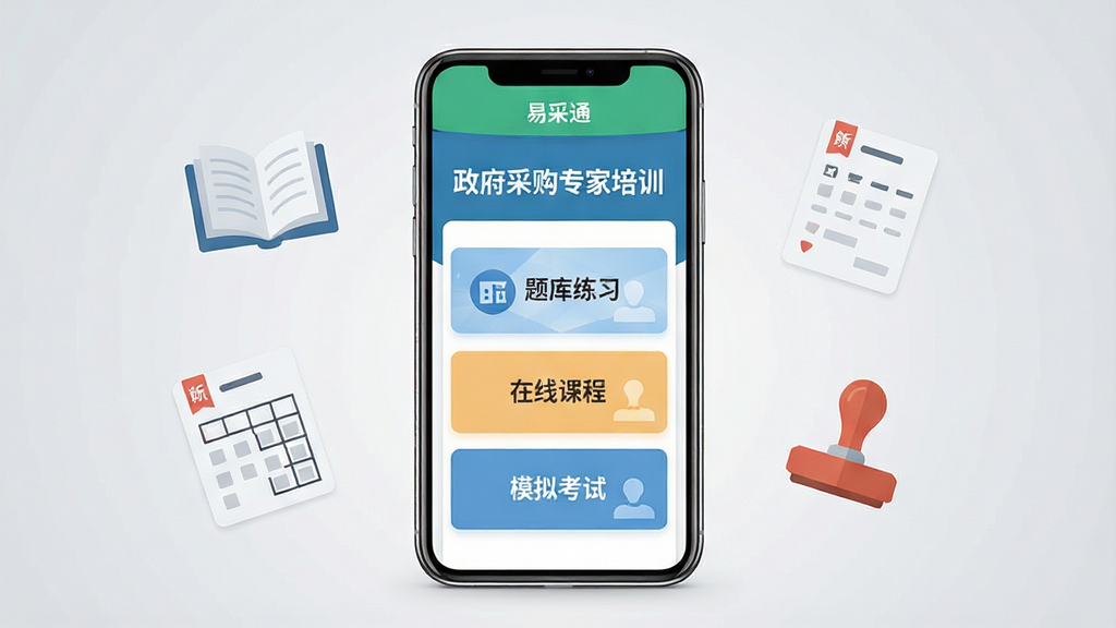 画面中央展示一部智能手机,手机屏幕上显示“易采通”应用主界面,界面上方有“政府采购专家培训”标题字样,下方排列题库练习、在线课程、模拟考试三个功能卡片,手机两侧悬浮着书本、答题卡、印章等扁平化图标,整体布局居中对称,风格为现代简约科技风,细节上手机边框带有轻微光泽,背景为浅灰渐变,画质清晰干净,无多余装饰元素