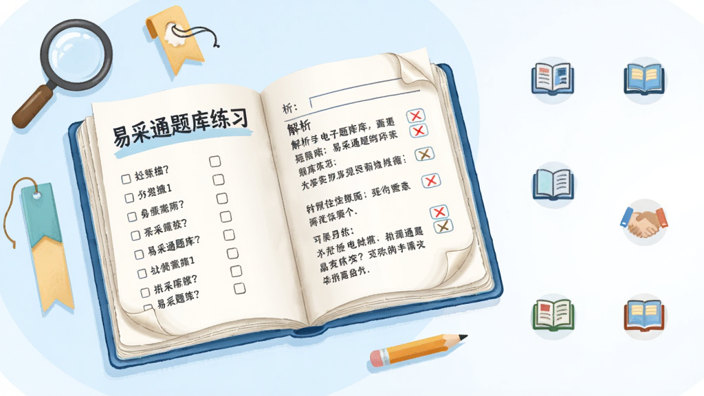 画面主体为一本翻开的电子题库册子,册子左页显示“易采通题库练习”字样与若干选择题选项,右页显示解析文字与对错标记,册子周围环绕着放大镜、书签、铅笔等学习元素,布局为册子居中略偏左,右侧留白处点缀小图标,风格为清新教育插画风,细节上书页有轻微卷角,背景为淡蓝色,画质干净明亮,无杂乱元素