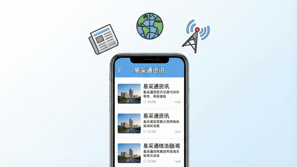 画面主体为一部手机竖屏显示“易采通资讯”列表页面,页面内有三条新闻标题与缩略图,手机上方漂浮着报纸、地球、信号塔等小图标,布局为手机居中、图标环绕上方,风格为简约资讯风,细节上标题文字清晰可辨,背景为白色到浅蓝渐变,画质干净利落,无多余修饰