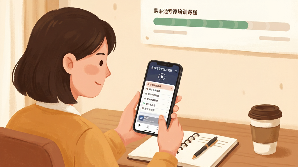 画面中心为一名坐在书桌前使用手机学习的用户侧影,手机屏幕显示“易采通专家培训课程”播放界面,书桌上摆放着笔记本与咖啡杯,背景墙面有课程进度条装饰,布局为人物偏左手机居中,风格为温暖生活插画风,细节上屏幕有播放按钮与章节列表,画质柔和清晰,无多余装饰