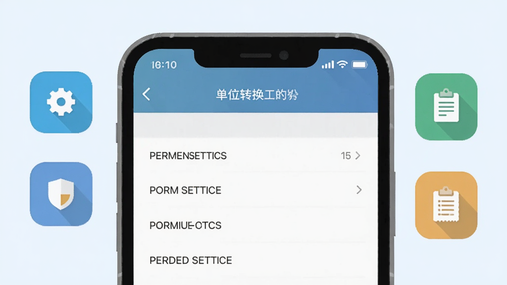一部手机屏幕显示单位转换通的设置页面,旁边悬浮着齿轮、盾牌、剪贴板等小图标,画面采用浅色背景,风格扁平化,排版简洁,细节清晰,画质干净,突出权限设置与使用安全的主题