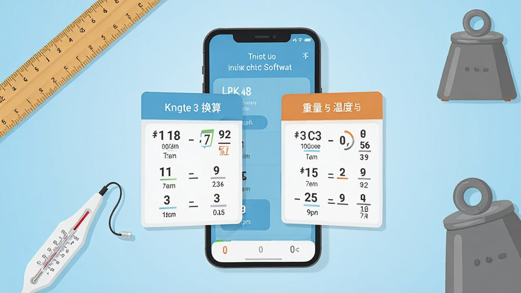 画面中心放置一部智能手机,屏幕显示单位转换通软件的主界面,左侧展示长度单位换算卡片,右侧展示重量与温度换算卡片,背景为浅蓝色渐变,桌面上散落着直尺、温度计、砝码等测量工具作为点缀,整体风格清爽简约,扁平化设计,细节清晰,画质干净,无多余元素