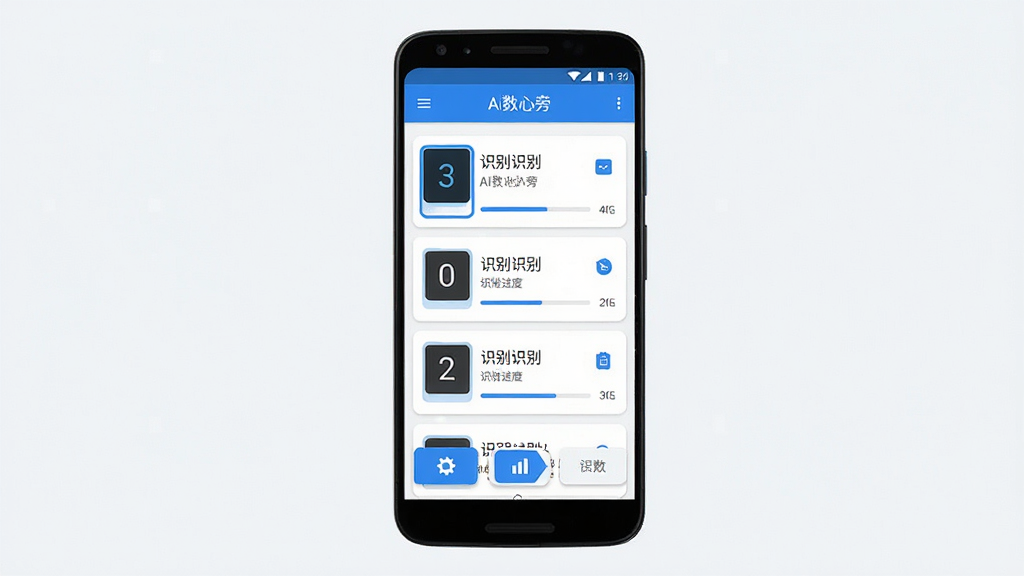 AI数心旁软件主界面展示,手机屏幕居中显示数字识别结果列表,主体为一部竖屏安卓手机,布局采用居中构图,上方为软件名称“AI数心旁”标题栏,中部为识别结果卡片,下方为功能按钮,风格为清爽科技蓝白配色,细节包含数字高亮框、识别进度条、简洁图标,画质高清,画面干净,无多余元素
