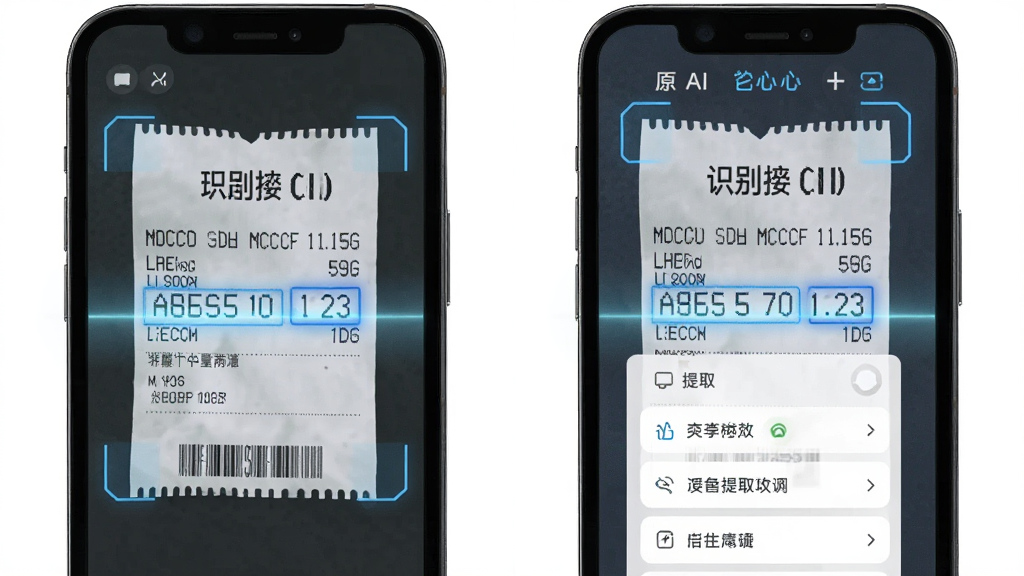 AI数心旁智能数字提取功能展示,主体为手机屏幕中央一张票据图片被扫描,布局为左右分栏,左侧原图右侧识别结果,风格为扁平化科技感,细节包含扫描光线、数字高亮框、提取列表,画质清晰,画面干净,无多余元素
