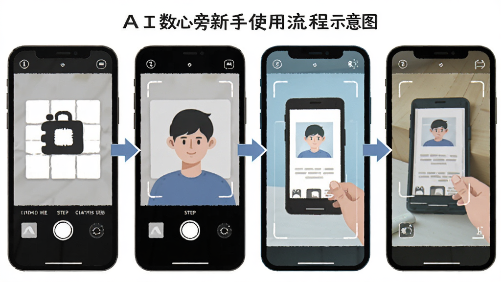 AI数心旁新手使用流程示意图,手机屏幕分步骤展示拍照、识别、校对、复制四个环节,布局为横向四格流程,风格为扁平插画风,细节包含步骤序号、箭头引导、简洁图标,画质高清,画面干净,无多余元素