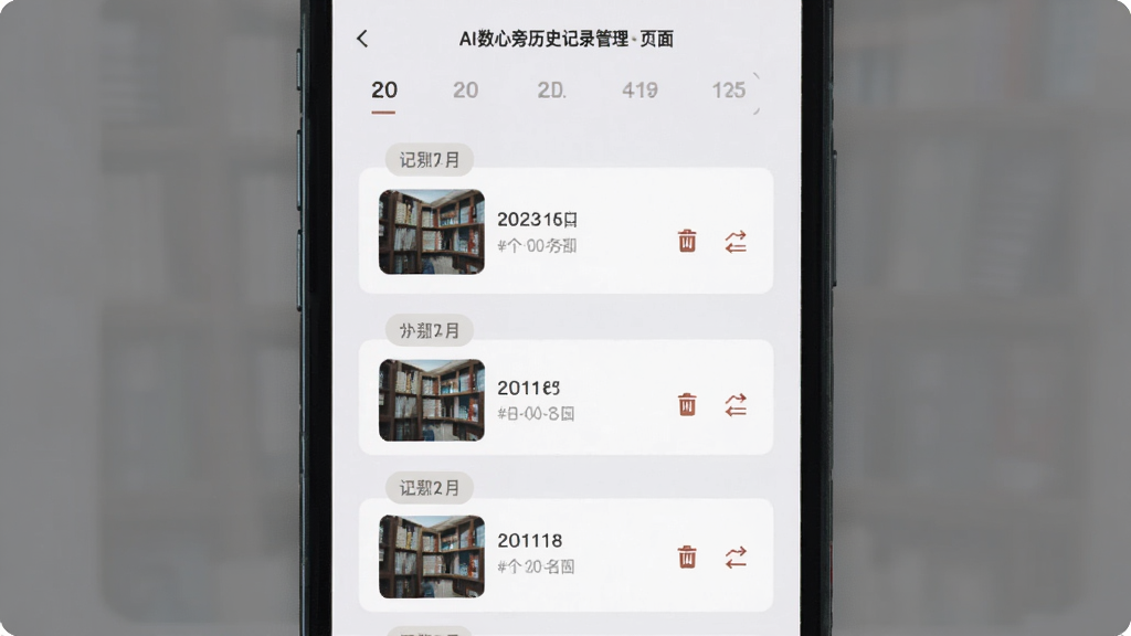 AI数心旁历史记录管理页面,手机屏幕展示按日期分组的历史识别卡片,布局为纵向列表,风格为柔和浅色系,细节包含时间标签、记录缩略图、删除与重命名图标,画质清晰,画面干净,无多余元素