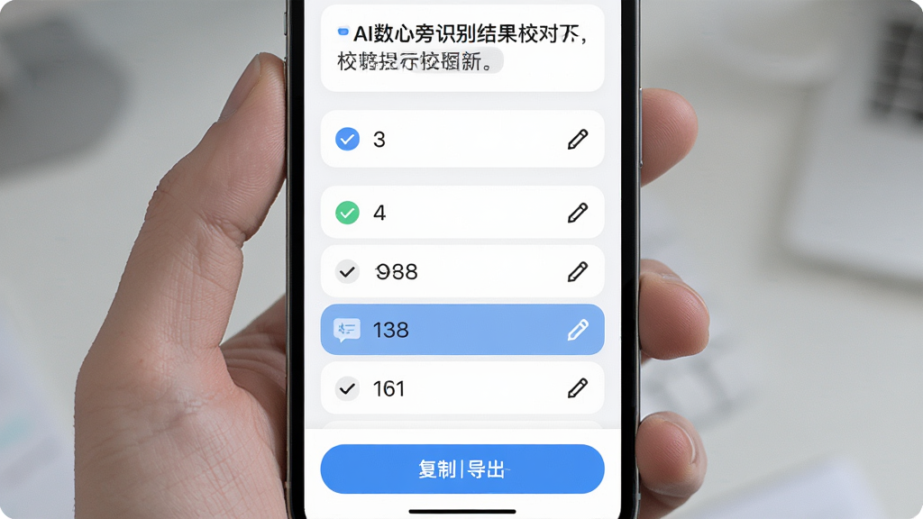 AI数心旁识别结果校对界面,手机屏幕显示数字列表与编辑按钮,布局为上下结构,上方为校对提示,中部为可编辑数字条目,下方为复制导出按钮,风格为简约卡片式设计,细节包含勾选标记、编辑铅笔图标、高亮选中行,画质高清,画面干净,无多余元素
