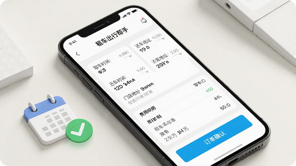 画面主体为手机屏幕中的订单确认页面,包含取车时间、还车时间、门店地址与费用明细列表;手机斜放在浅色背景上,旁边有日历图标与勾选标记;风格为简洁商务风,细节上突出表单层级与按钮高亮,画质清晰干净,图中出现