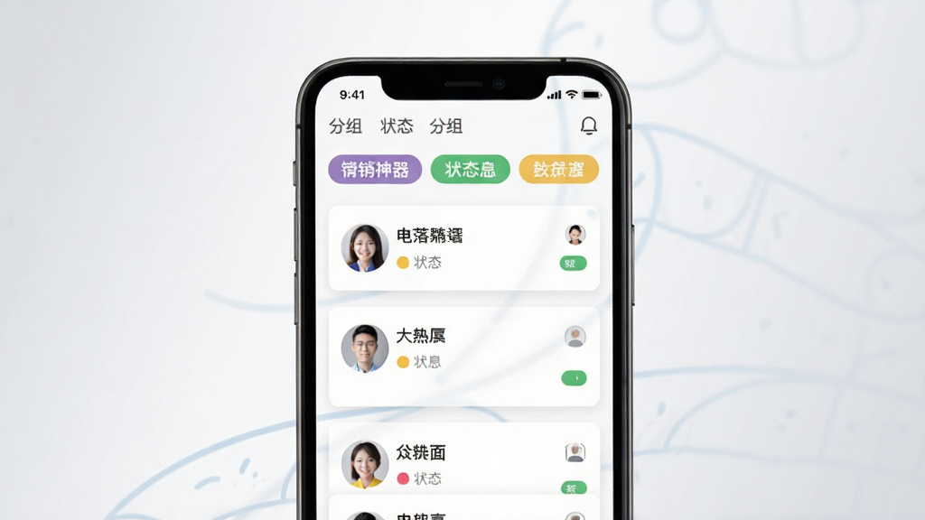 电销神器客户管理功能界面,画面中心为手机屏幕,屏幕内展示分组标签与客户信息卡片列表,卡片上带有姓名与状态标识,背景为浅灰色渐变,风格简洁商务,细节突出列表层级与标签色彩区分,画质清晰,画面干净,无多余元素