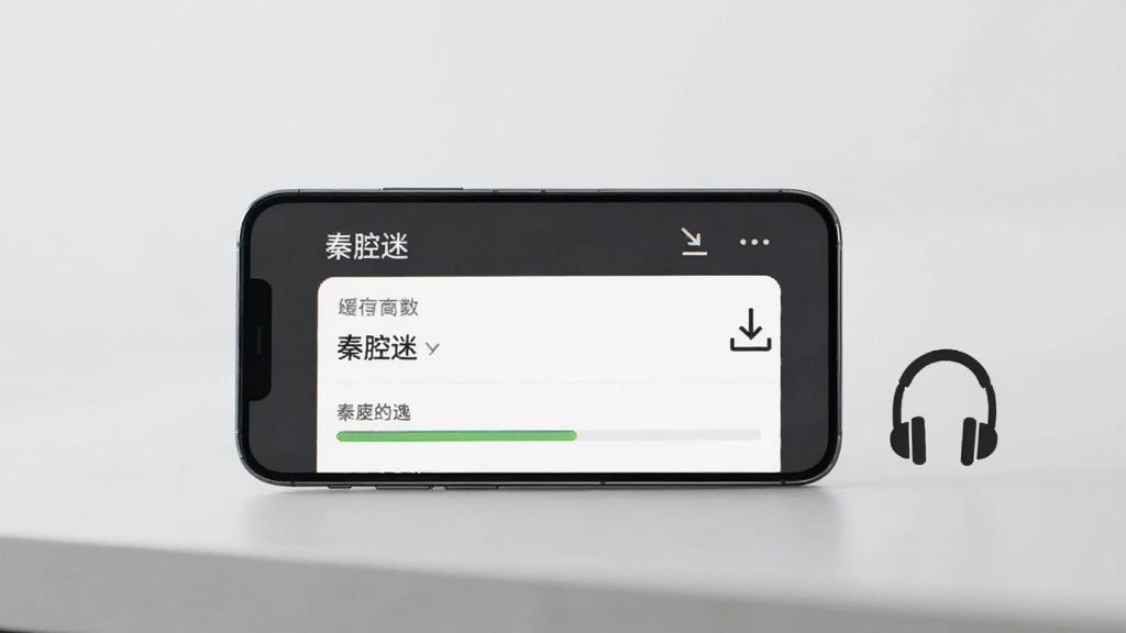 画面主体是一部手机横放在桌面,屏幕显示“秦腔迷”的下载缓存列表与进度条,手机旁边有一个向下箭头的下载图标和耳机图案,背景为淡灰色简约风格,画质清晰干净,无多余元素