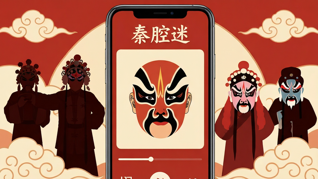 画面主体是一部手机竖屏展示戏曲播放界面,屏幕中央是秦腔演员脸谱插画与播放进度条,界面上方写有“秦腔迷”三个字,手机两侧环绕生旦净丑戏曲人物剪影与祥云纹样,整体采用暖红与米黄配色,扁平插画风格,细节精致,画质清晰干净,无多余元素