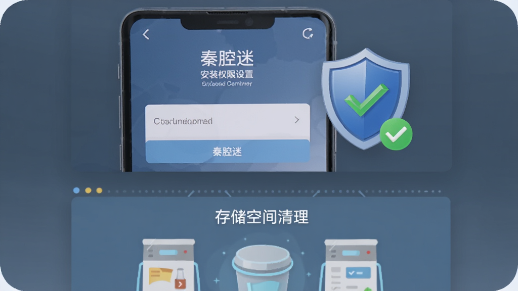画面主体是一部手机屏幕显示“秦腔迷”安装权限设置页面,页面旁边有盾牌图标与对勾标记,画面下方为存储空间清理示意图,整体采用蓝灰科技风格,画质清晰干净,无多余元素