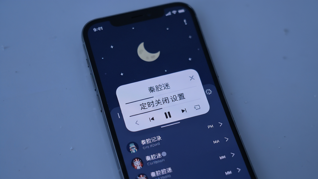 画面主体是一部手机夜间模式界面,屏幕显示“秦腔迷”定时关闭设置弹窗与月亮图标,界面下方为播放记录列表,整体采用深蓝夜间配色,风格柔和安静,画质清晰干净,无多余元素
