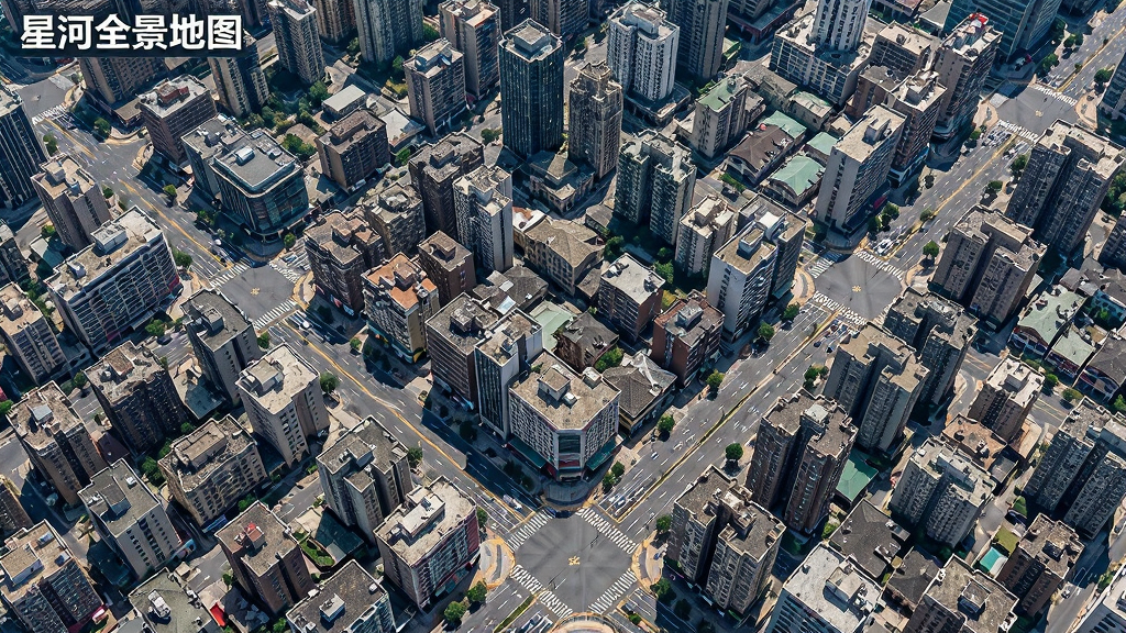 一幅由“星河全景地图”呈现的高空俯瞰城市全景画面,主体为密集的城市建筑群与交错道路,布局为全屏铺满视角,风格为写实航拍质感,细节包含清晰可见的屋顶纹理与街道标线,画质高清锐利,干净整洁,无多余元素
