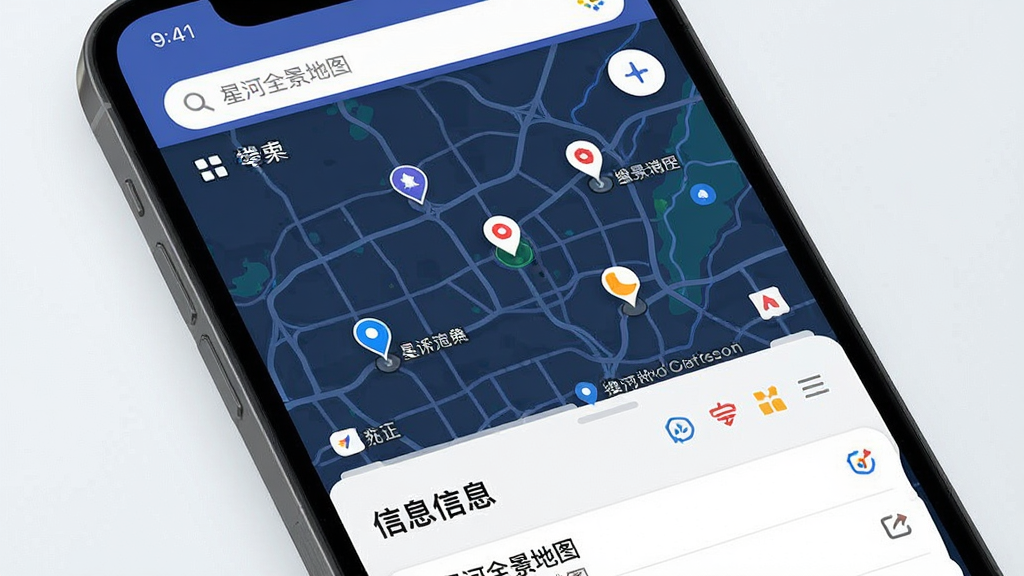 手机屏幕特写展示“星河全景地图”的搜索结果页面,主体为地图上分布的多个地点标记与底部信息列表,布局为地图上占三分之二、列表居下,风格为清爽的卡片式界面,细节包含搜索框与分类图标,画质清晰干净,无多余元素