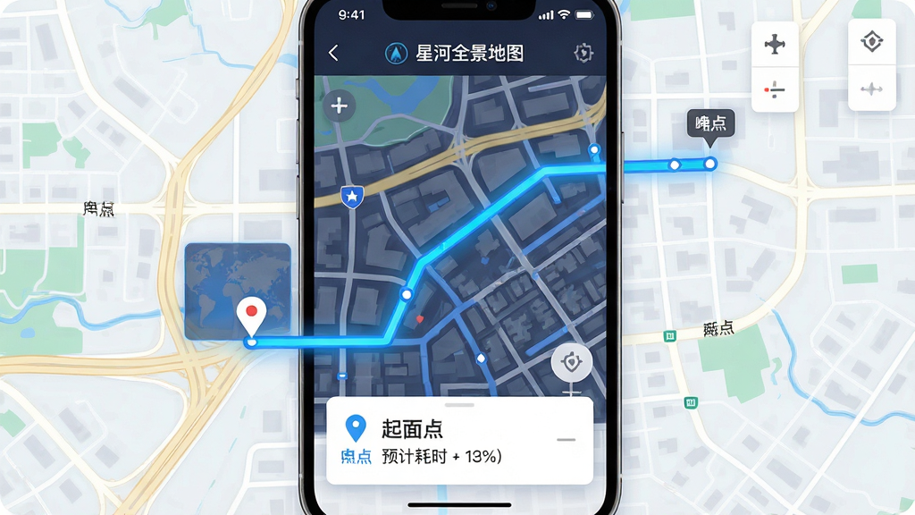 手机界面中展示“星河全景地图”的路线规划页面,主体为一条高亮显示的行车路线穿插于城市路网之中,布局为地图占满屏幕、底部悬浮路线信息卡片,风格为简洁现代的扁平化设计,细节包含起终点标记与预计耗时文字,画质清晰明亮,干净无杂乱元素
