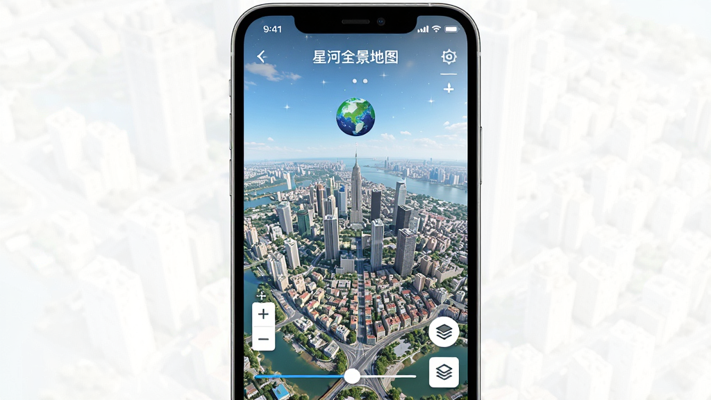 一张手机屏幕显示“星河全景地图”加载完成后的城市全景画面,主体为清晰的城市鸟瞰图与操作按钮,布局为竖屏全屏地图,风格为写实明亮,细节包含缩放滑块与图层切换图标,画质干净清晰,无多余元素