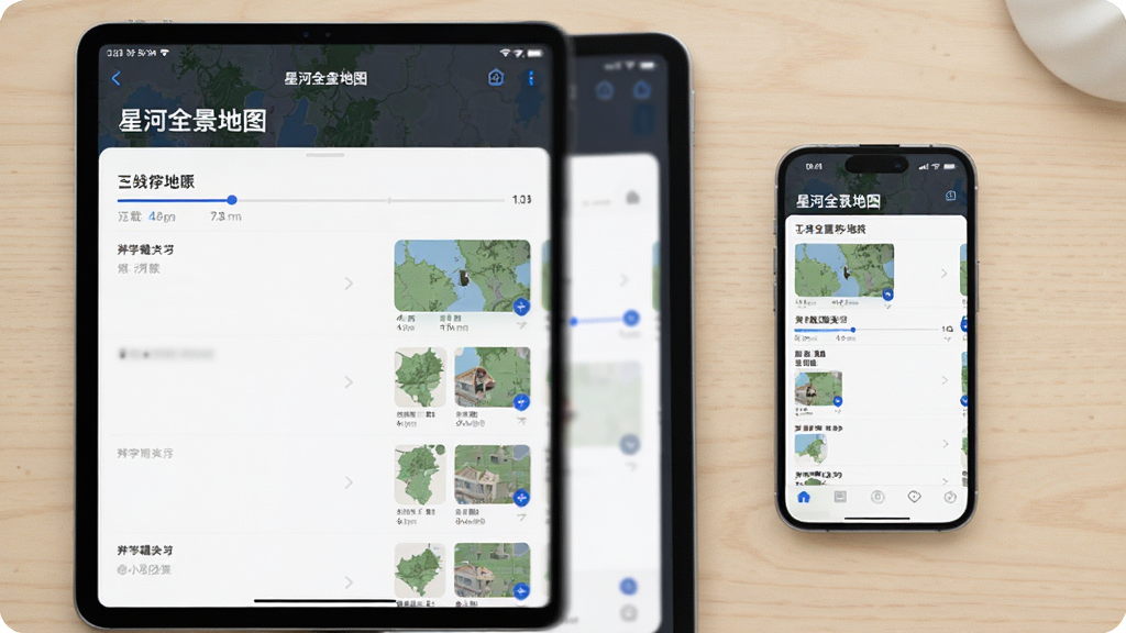 一部平板电脑与一部手机并排展示“星河全景地图”的离线地图管理界面,主体为两台设备屏幕中的地图缓存列表,布局为左右对称排列、背景为浅色桌面,风格为清新简约的产品展示风,细节包含下载进度条与区域缩略图,画质细腻干净,无多余装饰
