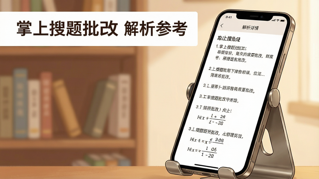 画面主体是一台手机斜立在支架上,屏幕显示掌上搜题批改的解析详情页,页面中有分步骤的文字说明与公式排版;布局为手机位于画面右侧三分之二处,左侧是虚化的书架背景;排版采用左右结构,左上角留白处放置文字“掌上搜题批改 解析参考”;风格为温馨的学习场景插画风,暖色调;细节包括屏幕内文字排版的清晰层次、支架的金属质感;画质高清,画面干净,无多余元素