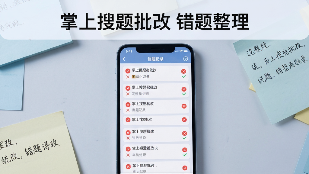 画面主体是一部手机平放在桌面,屏幕显示掌上搜题批改的错题记录列表页面,列表项带有红色对错标记图标;布局为手机居中,背景是浅灰色桌面,旁边散落几张便签纸;排版为居中构图,上方用文字标注“掌上搜题批改 错题整理”;风格为简洁的数码产品展示图,色调偏冷;细节包括屏幕内列表的层次感、便签纸上的手写笔迹;画质清晰,画面干净,无多余元素