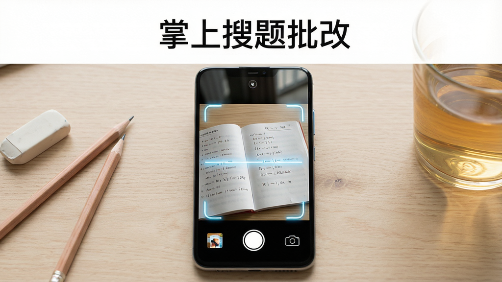 画面主体是一部竖屏安卓手机,屏幕上显示掌上搜题批改的拍照取景界面,取景框内是一张摊开的数学练习册,取景框边缘有识别扫描光效;布局为手机居中放置于浅木色书桌,左侧摆放一支铅笔与橡皮,右侧是一杯温水;排版采用上下结构,上方留白放置软件名称文字“掌上搜题批改”;风格为清新写实的产品场景图,光线柔和自然;细节包括手机屏幕反光、练习册纸张纹理、桌面木纹清晰可见;画质高清,画面干净,无多余元素