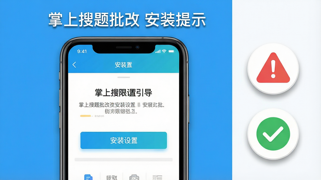 画面主体是一部手机屏幕显示掌上搜题批改的安装权限设置引导页,旁边配有一个红色警示图标与绿色对勾图标形成对比;布局为手机居中偏左,右侧竖排两个图标;排版为左右结构,顶部放置文字“掌上搜题批改 安装提示”;风格为扁平化信息图风格,配色明快;细节包括图标阴影与屏幕内按钮的高亮状态;画质清晰,画面干净,无多余元素