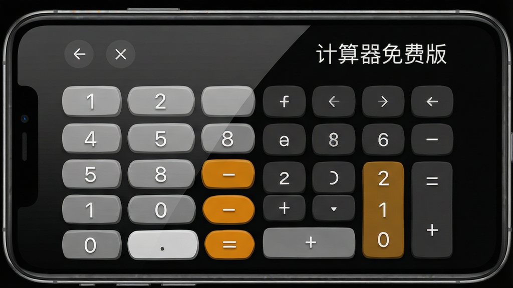 主体为一部手机横屏展示计算器科学模式界面,布局为左侧数字键盘、右侧函数按键区,排版整齐分区明确,风格为现代极简UI展示图,细节包括按键立体感、屏幕反光、深色模式背景,画质高清、干净、无多余元素,屏幕中显示文字“计算器免费版”