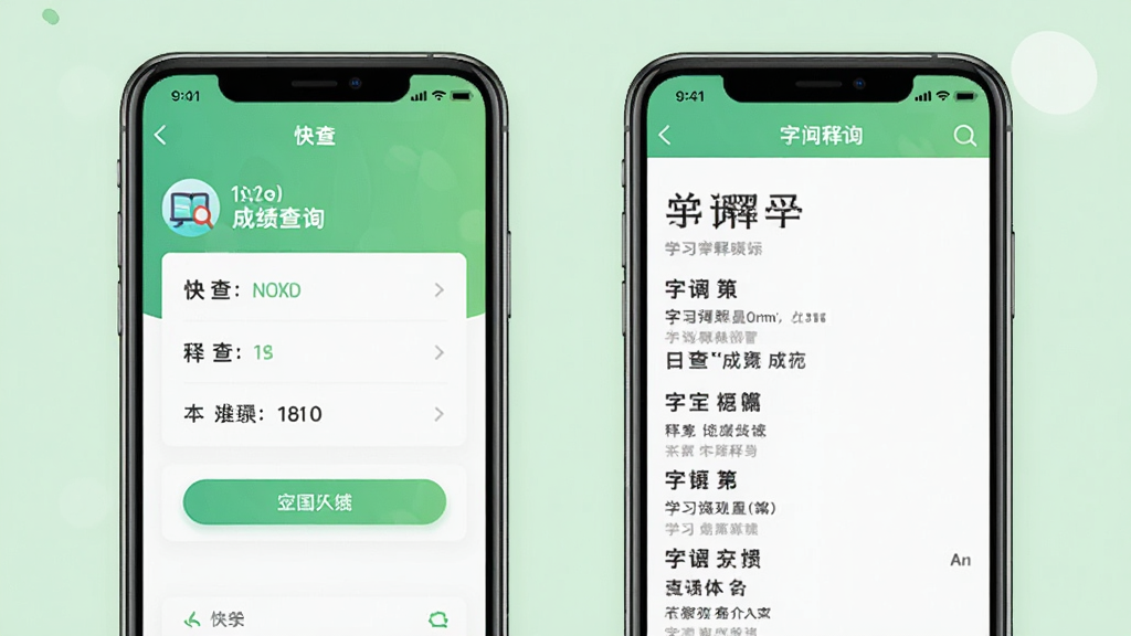 一张展示学习查询功能的界面组合图,左侧手机屏幕显示