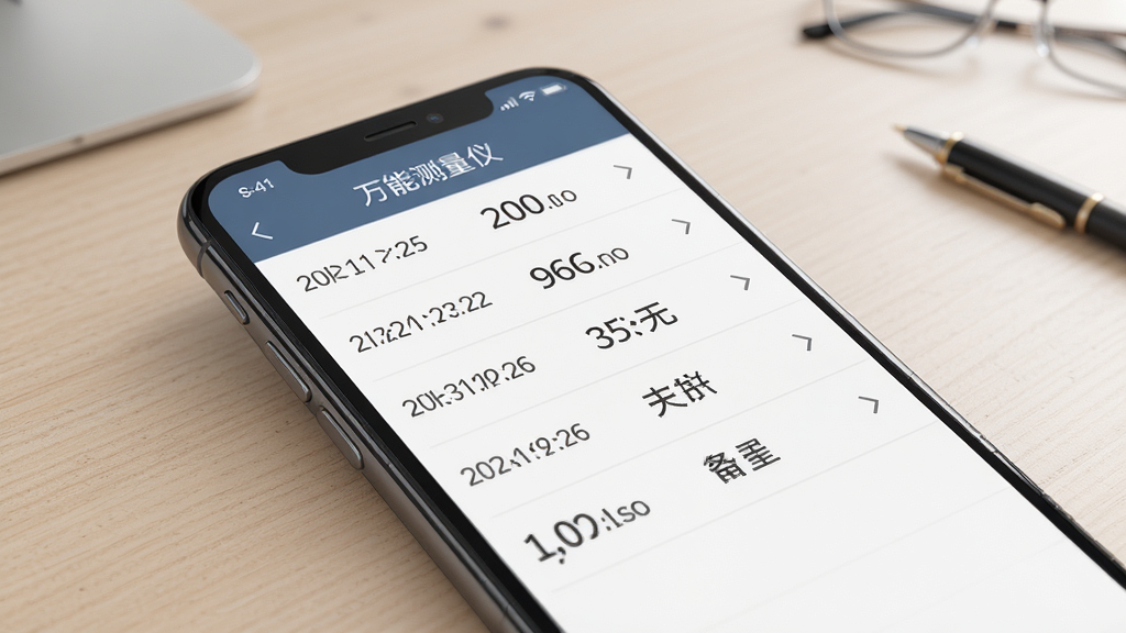 手机屏幕展示手机万能测量仪的历史记录列表,每条记录带有日期、数值和文字备注,界面布局整齐,背景为浅色办公桌面,风格简约现代,细节清晰呈现列表内容,画质干净