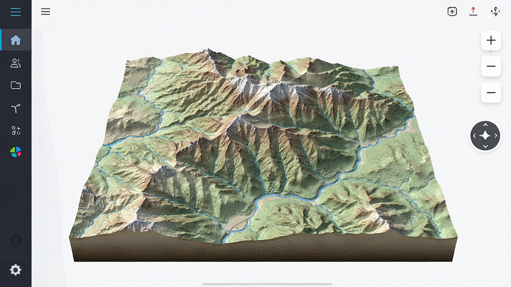 真实山川地图软件主界面展示,画面中央为三维立体山川地形模型,山脉起伏清晰可见,左侧为功能菜单栏,右侧为缩放与旋转控制按钮,整体布局简洁,风格为现代科技感地图应用界面,细节包含等高线纹理与河流走向,画质清晰,干净,无多余元素