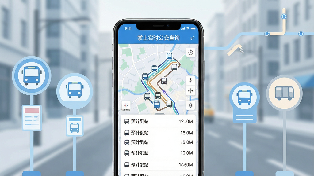 一张展示智能手机屏幕的图片,屏幕中显示“掌上实时公交查询”应用界面,界面包含城市地图、多条公交线路轨迹、车辆图标及预计到站时间列表,背景为简洁的城市街道虚化场景,整体采用清新蓝白配色,布局上手机居中放置,周围环绕淡色公交站牌与路线元素,风格现代扁平化,细节清晰展示应用功能模块,画质高清,干净整洁,无多余元素