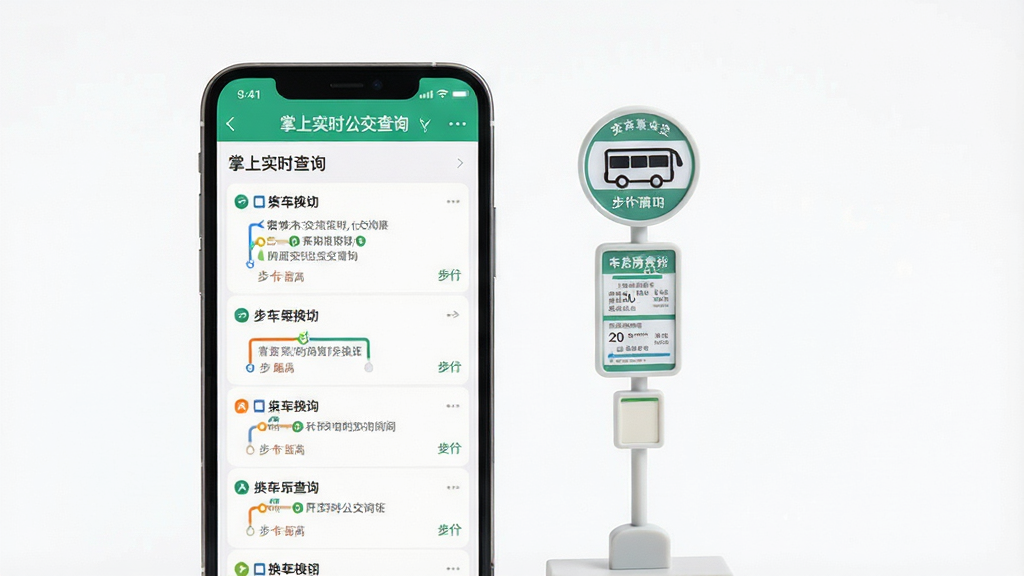 一张展示手机应用界面的场景图,画面中手机屏幕显示“掌上实时公交查询”的换乘方案列表,包含多条路线选项与步行距离标识,手机旁放置一个简约的公交站牌模型,布局为手机与站牌并列,风格清新浅色,细节清晰呈现换乘信息层级,画质高清,背景纯净,无杂乱元素