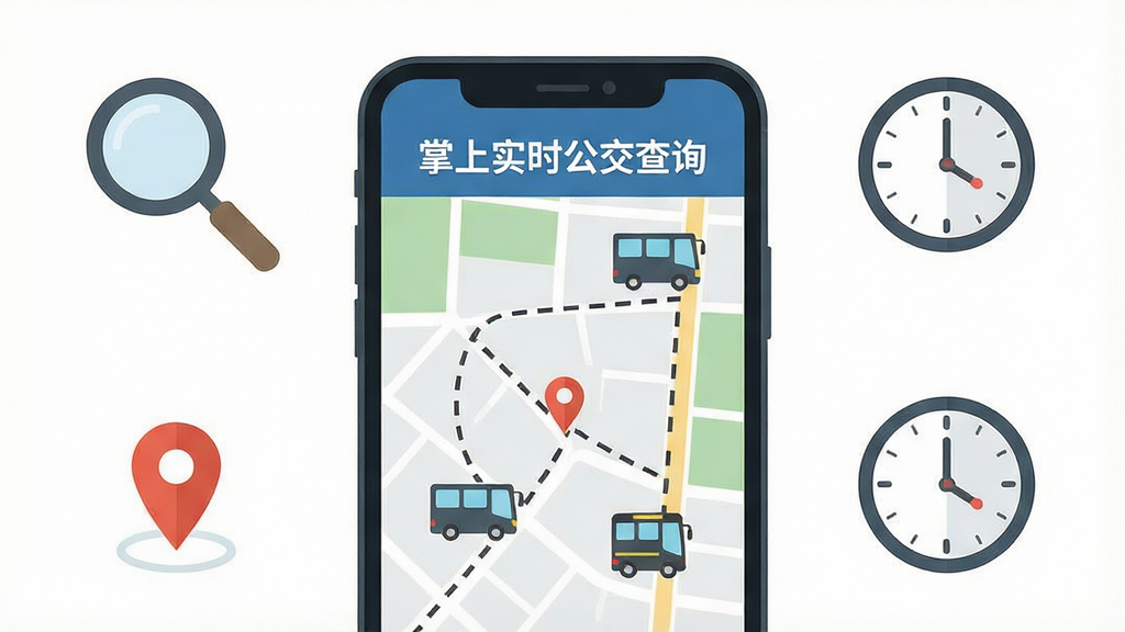 一张扁平化风格的信息图,主体为一部手机,屏幕上显示“掌上实时公交查询”的地图界面,地图上有移动的公交车图标和虚线行驶轨迹,旁边配有放大镜和时钟图形,布局为手机居中、辅助图形环绕四周,风格简洁商务,细节突出实时定位与时间估算元素,画质清晰,背景干净,无多余装饰
